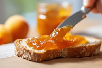 Hand spreading apricot marmalade on rustic bread slice, showcasing rich texture and vibrant color, perfect for breakfast or snack ideas with copy space
