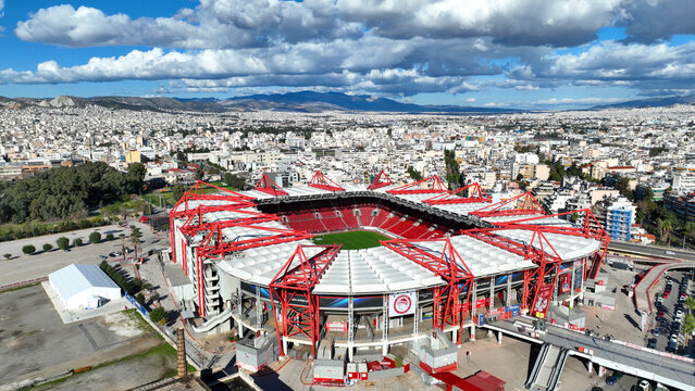 Aerial drone photo of famous stadium of Olympiakos known as Karaiskaki on a beautiful autumn morning, Piraeus, Attica, Greece