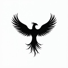 Fototapeta premium Black silhouette of mythical phoenix bird spreads wings against white background. Symbol of rebirth, strength, fire, fantasy, legend, myth, magic. Icon for identity, power, legend. Visual graphic.