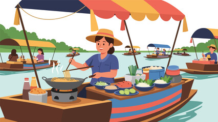 Thai street vendor preparing pad thai at floating market. Flat modern illustration for Asian cuisine, travel culture, and food marketplace concepts © meeblues