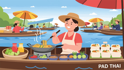 Thai street vendor preparing pad thai at floating market. Flat modern illustration for Asian cuisine, travel culture, and food marketplace concepts © meeblues