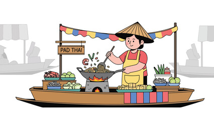 Thai street vendor preparing pad thai at floating market. Flat modern illustration for Asian cuisine, travel culture, and food marketplace concepts © meeblues