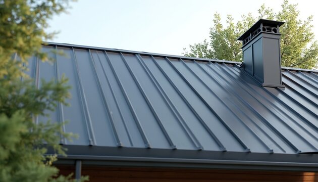 Grey standing seam metal roof on modern house. Dark grey chimney and gutter system visible. Trees and clear sky in background. Minimalist architecture detail.