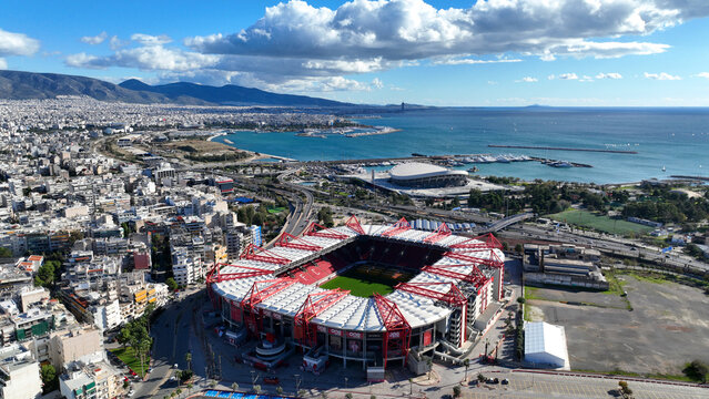 Aerial drone photo of famous stadium of Olympiakos known as Karaiskaki on a beautiful autumn morning, Piraeus, Attica, Greece