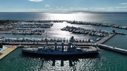 Aerial drone photo of small port and Park of Maritime Tradition where historic Averof warship is...