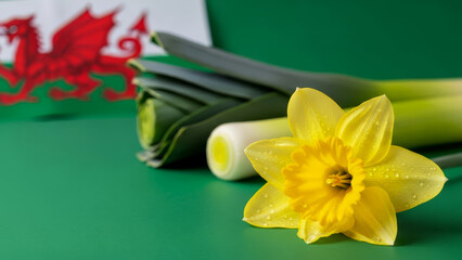 Daffodil and leek with Welsh flag. Composition for celebrating St. David’s Day.