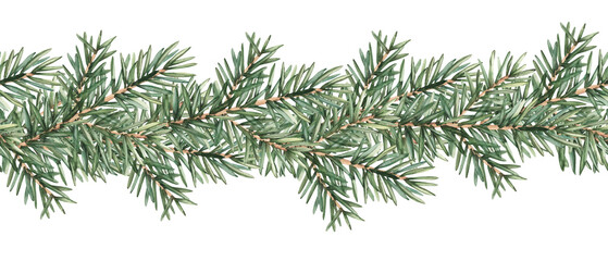 Christmas fir garland. Seamless Watercolor Christmas illustration for New Year's designs. Seamless fir branch border for greeting cards. Seamless Border branch christmas tree for patterns, prints