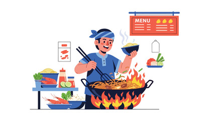 Malaysian vendor cooking char kway teow in hot wok at night market. Flat vector for Asian noodle cuisine and urban street food culture