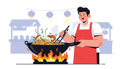 Malaysian vendor cooking char kway teow in hot wok at night market. Flat vector for Asian noodle cuisine and urban street food culture