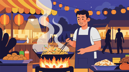 Malaysian vendor cooking char kway teow in hot wok at night market. Flat vector for Asian noodle cuisine and urban street food culture