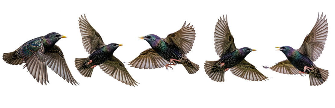 Set Of Flying European Starling Bird isolated on transparent background, European Starling, Sturnus vulgaris) PNG File 