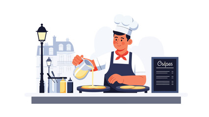 French crepe vendor preparing thin pancakes at street stand. Flat vector for European desserts and global street culinary scenes