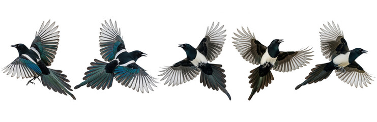 Set Of Magpie Bird Flying In Different Poses isolated on transparent background, PNG ,Eurasian Magpie, Pica pica 