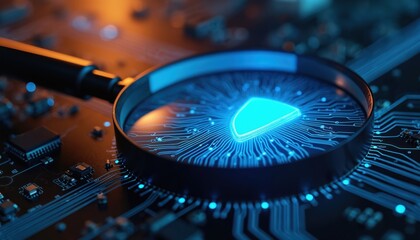 Magnifying glass over glowing circuit board with digital shield icon. Examines electronic data for cyber security threats, protection, and system integrity checks. Innovation, audit, and analysis.