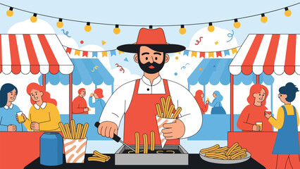 Vector art of a street food vendor frying fresh churros at an outdoor market, with customers enjoying snacks and a festive atmosphere ideal for food, travel, and lifestyle promotions