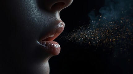 Close-up of human lips exhaling golden particles in dark atmospheric light, mysterious magical breath concept with shimmering dust floating in the air on black background