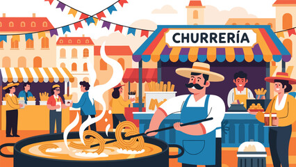 Vector art of a street food vendor frying fresh churros at an outdoor market, with customers enjoying snacks and a festive atmosphere ideal for food, travel, and lifestyle promotions
