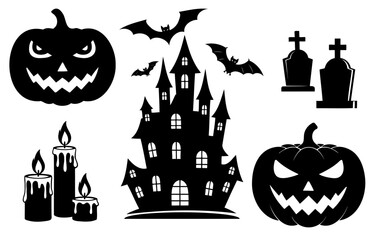 Set of black halloween silhouette icons isolated on transparent background for design