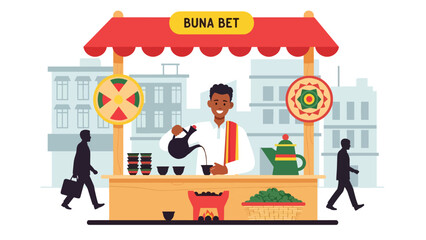 Ethiopian coffee vendor pouring traditional brew at street stall. Flat vector for cultural beverages and African street food scenes