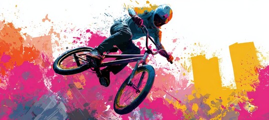 Fototapeta premium Dynamic BMX Rider Performing Mid-Air Spin with Vibrant Paint Splashes