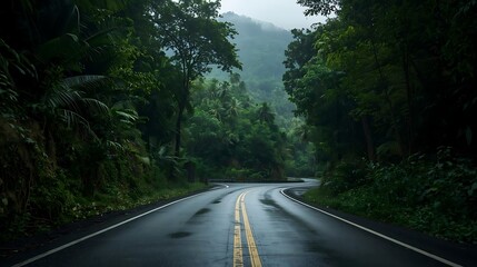 Ground-level cinematic shot of a mountain-bound forest route emerging from deep jungle foliage, smooth engineered curve leading upward into cloud-kissed terrain; rich green vegetation, untouched