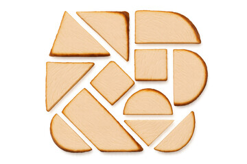 Toasted bread geometric pieces forming a tangram puzzle, creating a breakfast and food composition, transparent background