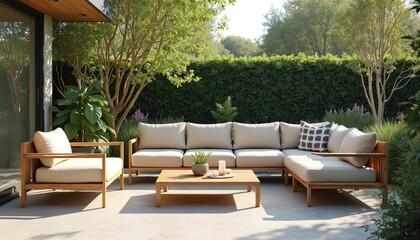Fototapeta premium Modern sectional outdoor sofa with plush beige cushions and a natural wood frame sits on a concrete patio. Lush green plants and trees surround the seating area, creating a tranquil garden oasis.