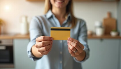 Woman holds gold credit card for payment. She uses financial service for purchase at home. Easy transaction with technology for smart living.