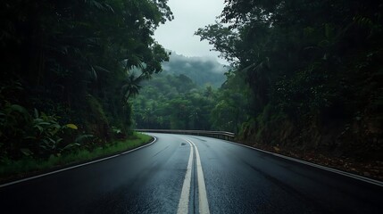 Ground-level cinematic shot of a mountain-bound forest route emerging from deep jungle foliage, smooth engineered curve leading upward into cloud-kissed terrain; rich green vegetation, untouched