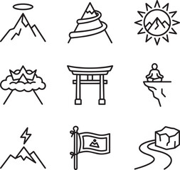 Sacred mountains and spiritual symbols of tranquility thin line icons set collection vector illustration