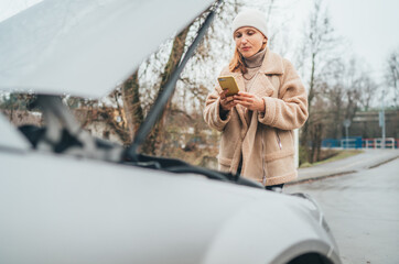 Car Motor failure on the road. Open bonnet point of view of middle aged woman calling service assistance using smartphone. Transportation, call service, and driver expirence concept image