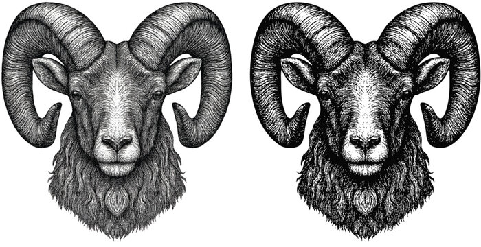 Highly detailed hand-drawn ram head illustration with textured horns and intricate linework. Vintage etching style animal graphic.