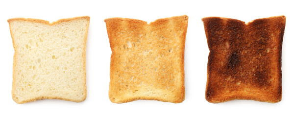 Toasts of different degrees of browning isolated on white, collection