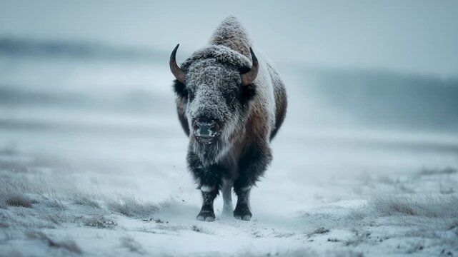 Ultra HD Majestic american bison walking through a snowy, foggy winter landscape with frost covering its fur video