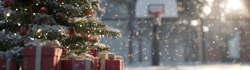 Christmas tree closeup with gifts on snowy basketball court, basketball hoop in background. Concept of resting basketball sport during Christmas time.
