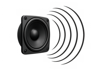 Black speaker icon emitting sound waves, symbolizing audio, music, volume, and wireless communication on transparent background