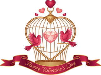 Romantic Golden Heart Birdcage with Love Birds, Pink Crystal Heart and 'Happy Valentine's Day' Ribbon - Elegant Vector Illustration