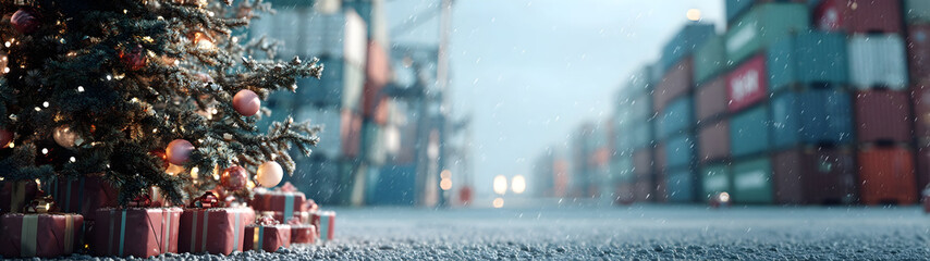 Christmas tree branches with gifts on snowy industrial port, containers in background, concept of Christmas celebration in the industrial setting and environment.