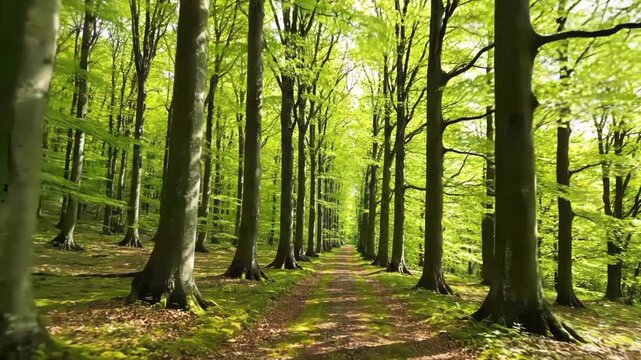 Sunlit forest path lined with tall, mature beech trees in spring