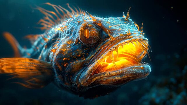 Ultra HD Closeup portrait of a bioluminescent deepsea fish with glowing orange eyes and mouth, dark blue underwater background, dramatic lighting, fantasy creature concept art video