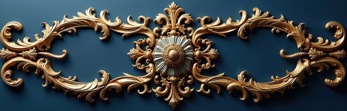 Golden ornate frame with floral patterns on navy blue background. Decorative element for design, art. Classic border with gold flourishes. Ornament for wedding card invitation. Vintage style