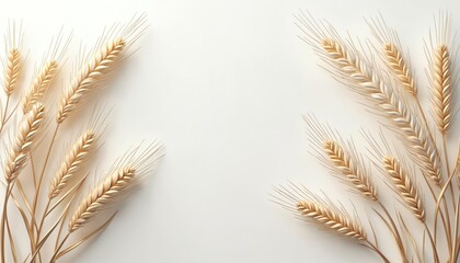 Golden wheat ears arrangement on pale background. Natural grain stalks form decorative border. Harvest agriculture symbol. Organic food concept.