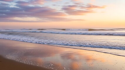 Golden Hour Ocean Sunset with Reflective Waves on Sandy Beach.