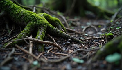 Obraz premium Close view of moss covered tree roots on forest floor. Damp earth, small plants, and fallen branches create natural texture. Dark, shaded woodland ambiance.