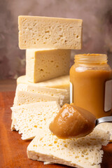 Cheese and dulce de leche, a wonderful dulce de leche from Minas Gerais together with a delicious cheese, selective focus.