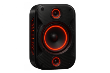 Portable wireless speaker delivering powerful sound and deep bass, featuring illuminated red drivers on a transparent background