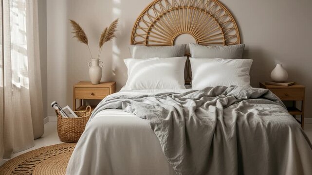 Cozy bedroom interior with a neatly made bed and wicker headboard, 4k video