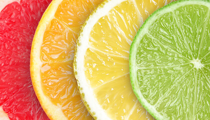 Citrus fruits as background. Slices of orange, lime, lemon and grapefruit, top view