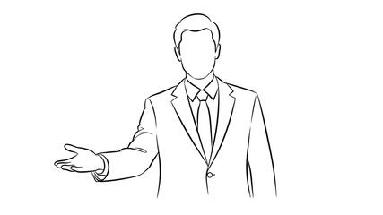 A simple line drawing depicts a man in a suit gesturing with an open palm