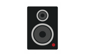 Black speaker box with two woofer cones for audio production and music playback on transparent background